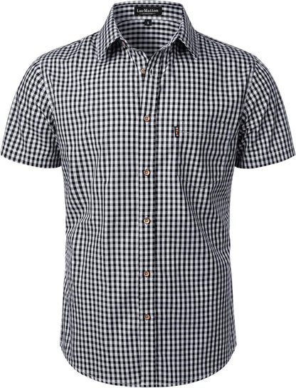 LucMatton Men's Gingham Short Sleeve Button Down Shirt Cotton Regular Fit Plaid Dress Shirts with Pocket