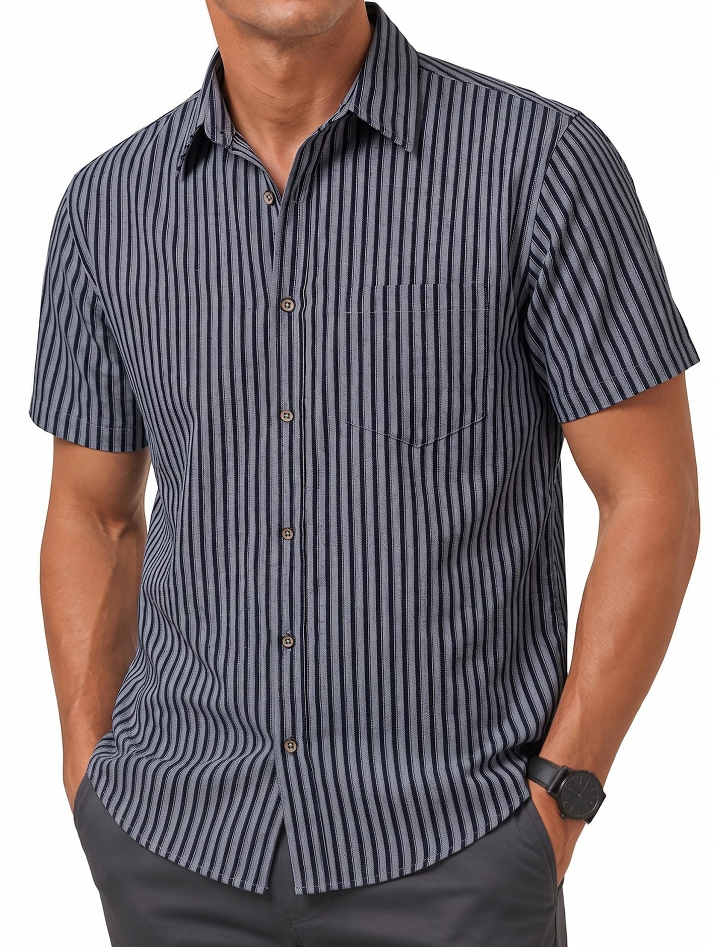 LucMatton Men's Stripe Short Sleeve Button Down Shirt Summer Smart Casual Regular Fit Tops
