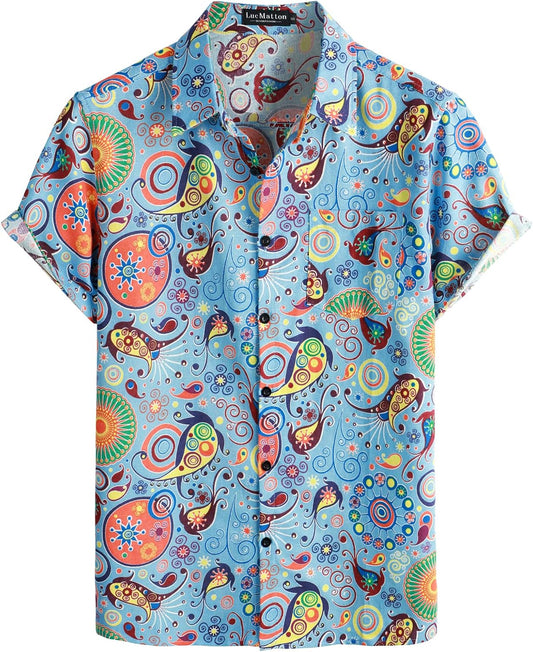 LucMatton Men's Cotton Linen Traditional Pattern Print Short Sleeve Button Down Hawaiian Shirts Blue