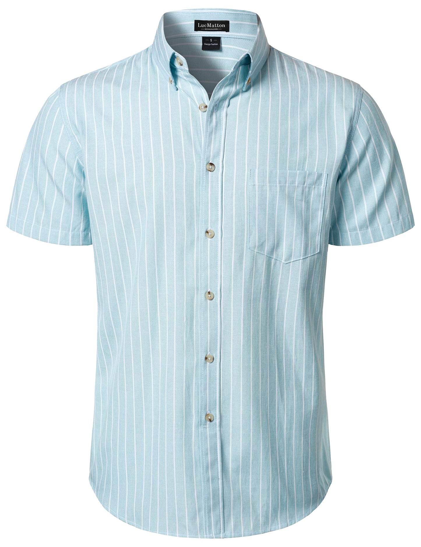 LucMatton Men's Classic Striped Short Sleeve Button Down Shirt Linen-Like Regular Fit Business Shirt for Summer