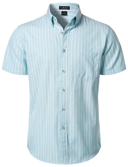 LucMatton Men's Classic Striped Short Sleeve Button Down Shirt Linen-Like Regular Fit Business Shirt for Summer