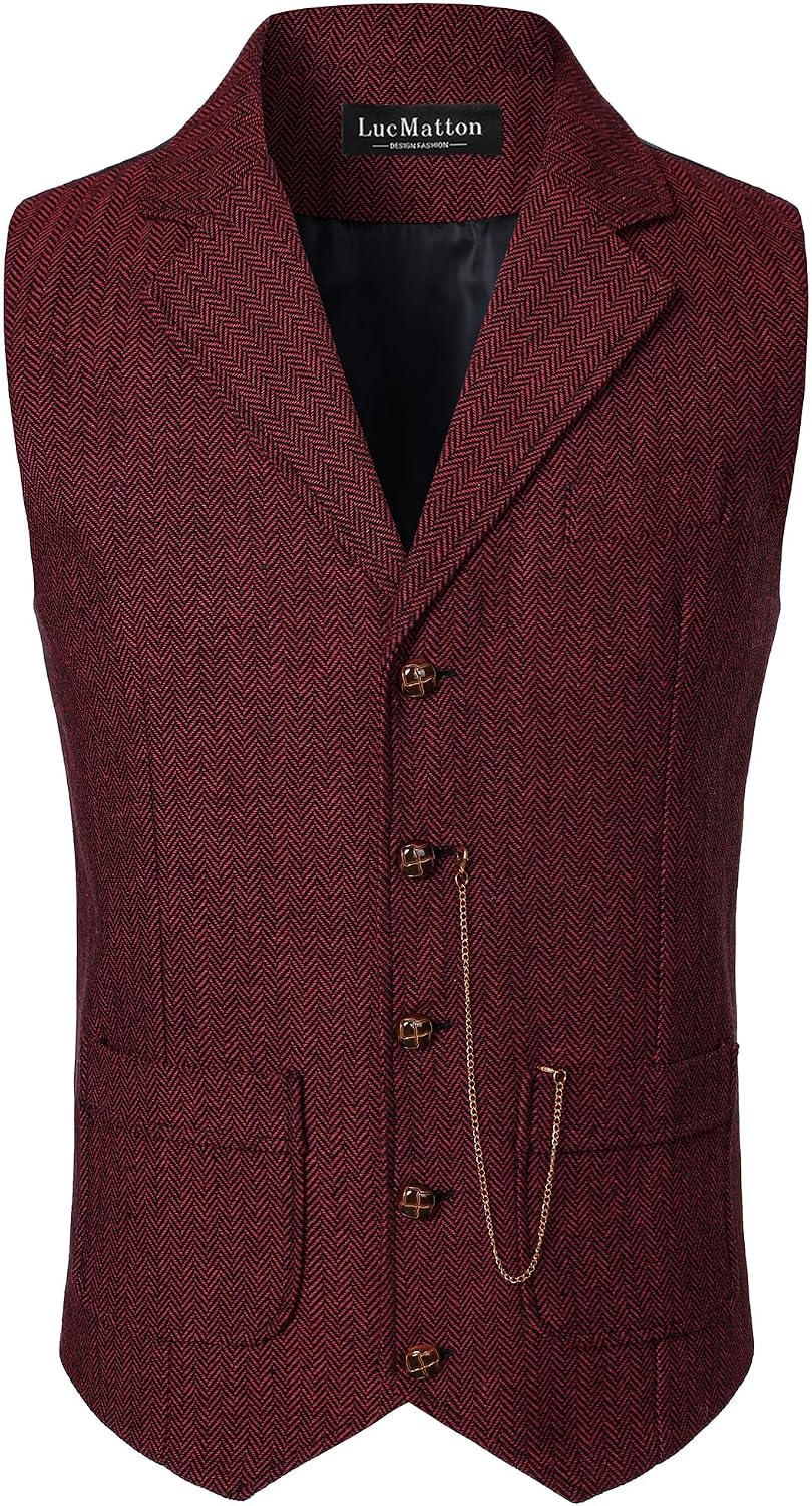 LucMatton Men Business Suit Vest Casual Slim fit Tweed Herringbone British Vintage Style Waistcoat With Pocket