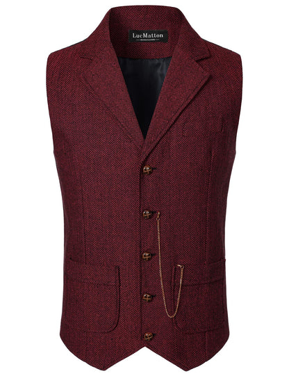 LucMatton Men Business Suit Vest Casual Slim fit Tweed Herringbone British Vintage Style Waistcoat With Pocket