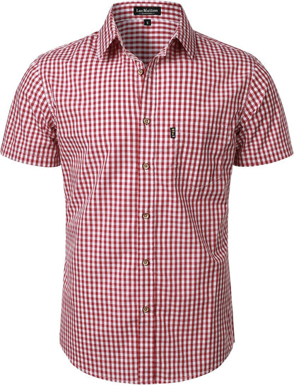 LucMatton Men's Gingham Short Sleeve Button Down Shirt Cotton Regular Fit Plaid Dress Shirts with Pocket