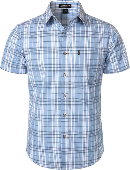 LucMatton Men's Gingham Short Sleeve Button Down Shirt Cotton Regular Fit Plaid Dress Shirts with Pocket