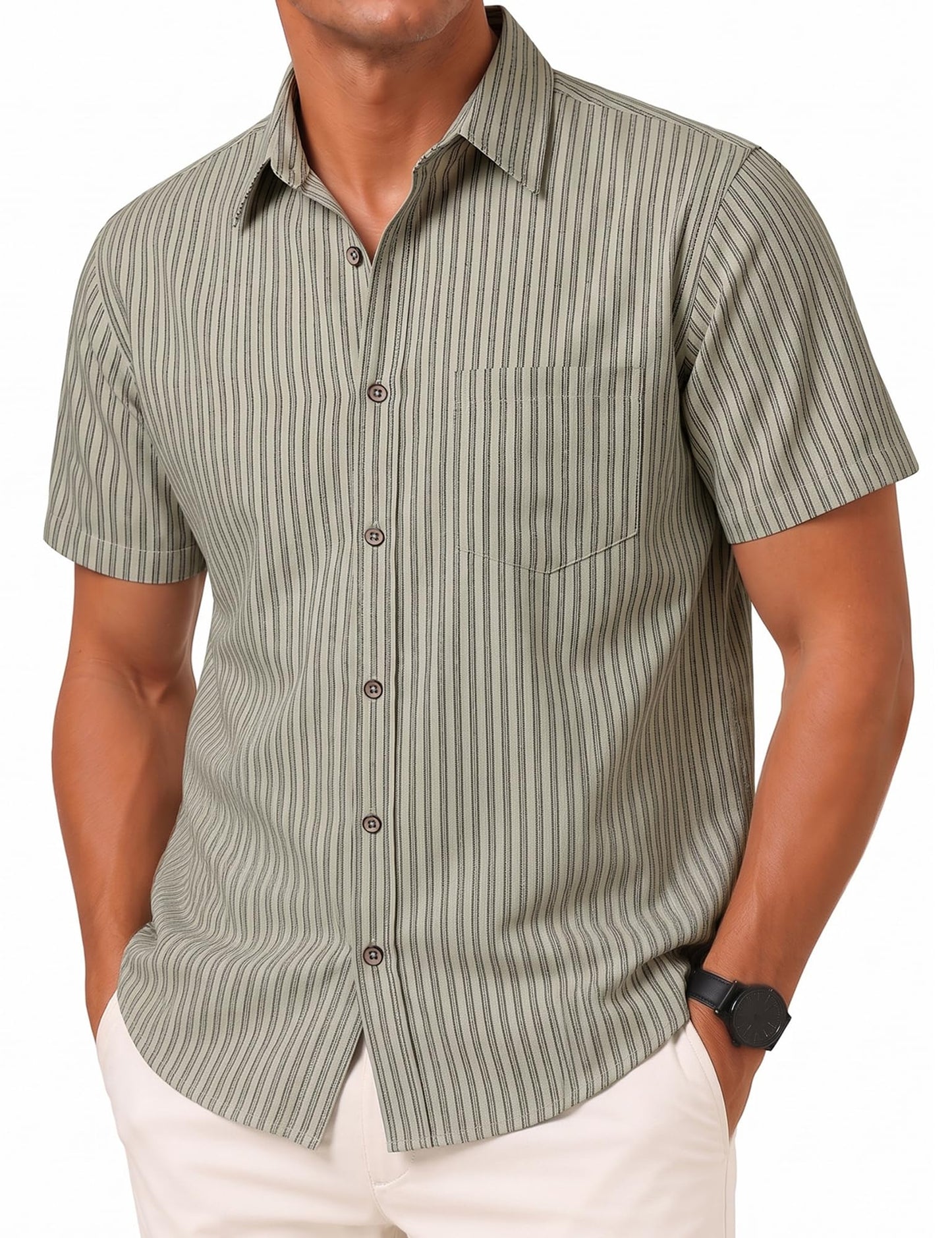 LucMatton Men's Stripe Short Sleeve Button Down Shirt Summer Smart Casual Regular Fit Tops