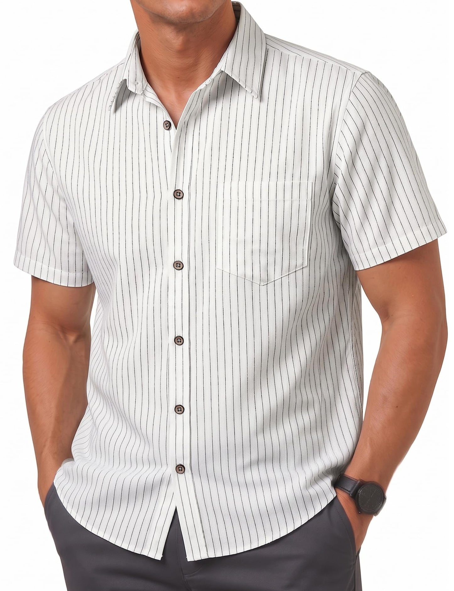 LucMatton Men's Stripe Short Sleeve Button Down Shirt Summer Smart Casual Regular Fit Tops