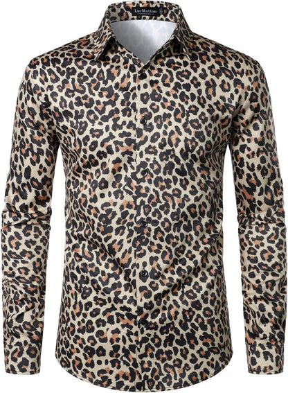 LucMatton Men's Hipster Long Sleeve Button Down Leopard Print Shirts for Club Rock Party Khaki Leopard