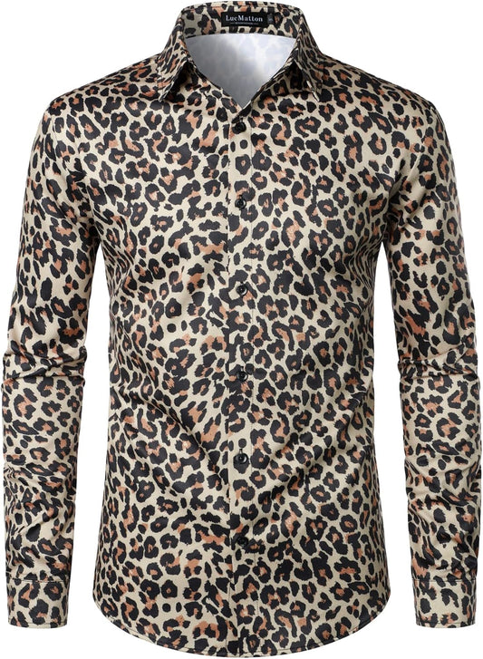LucMatton Men's Hipster Long Sleeve Button Down Leopard Print Shirts for Club Rock Party Khaki Leopard
