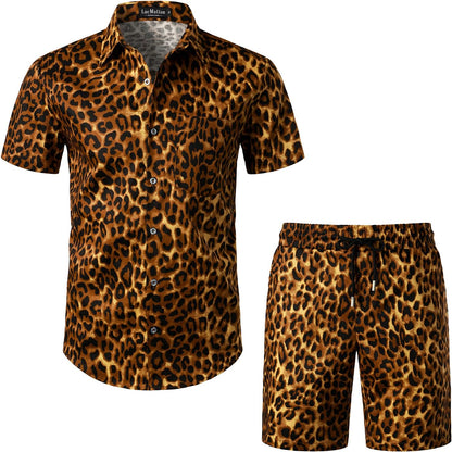 LucMatton Men's 2 Piece Floral Outfits Hipster Short Sleeve Button Down Shirt and Shorts Set Black Rose