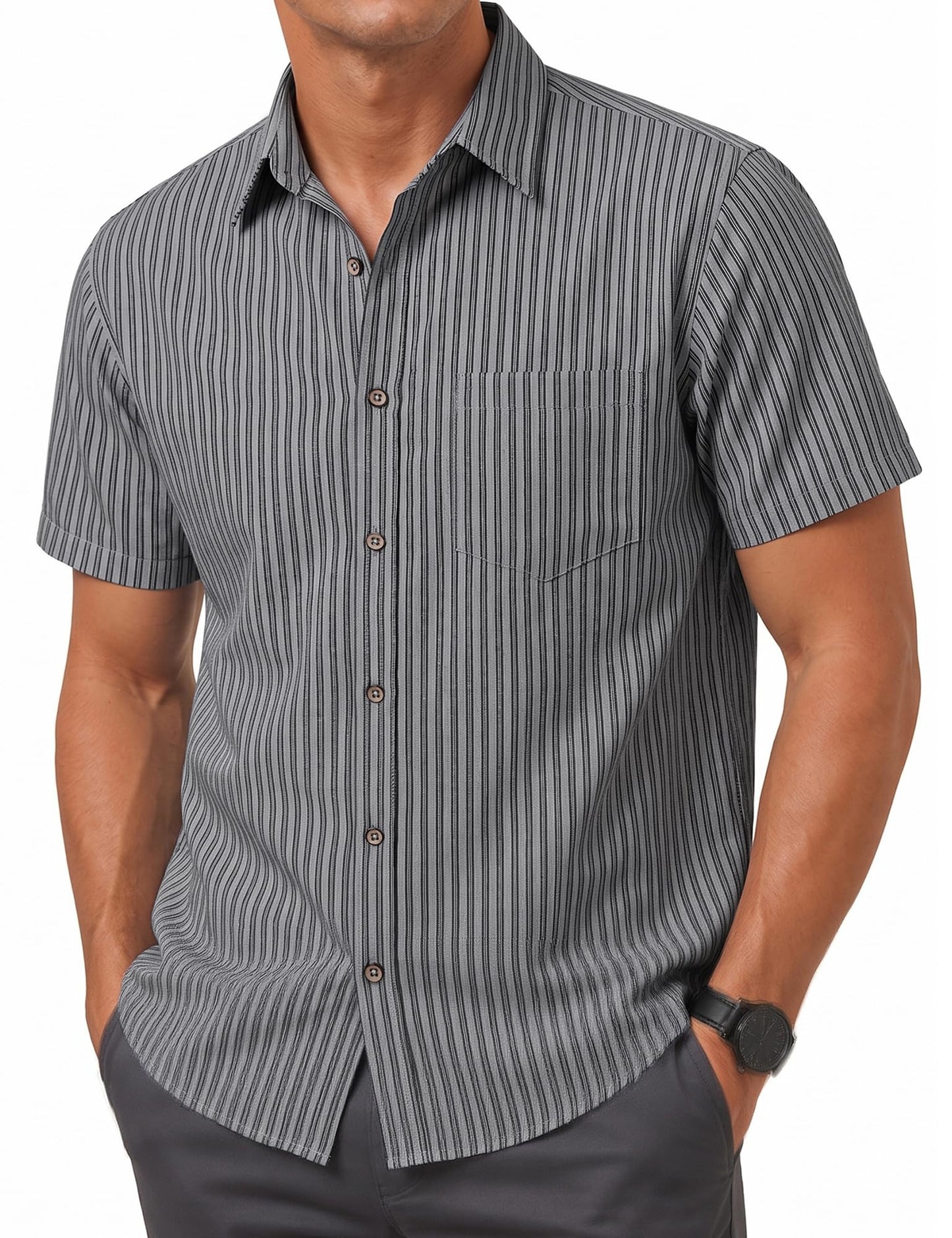 LucMatton Men's Stripe Short Sleeve Button Down Shirt Summer Smart Casual Regular Fit Tops