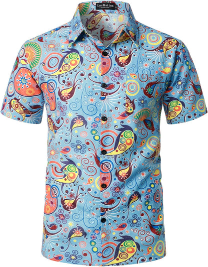 LucMatton Men's Cotton Linen Traditional Pattern Print Short Sleeve Button Down Hawaiian Shirts Blue