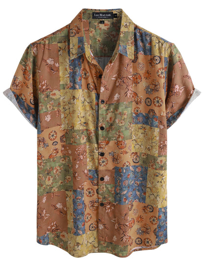 LucMatton Men's 70s Hawaiian Shirt Vintage Print Short Sleeve Button Down Shirts for Summer Vacation & Beach