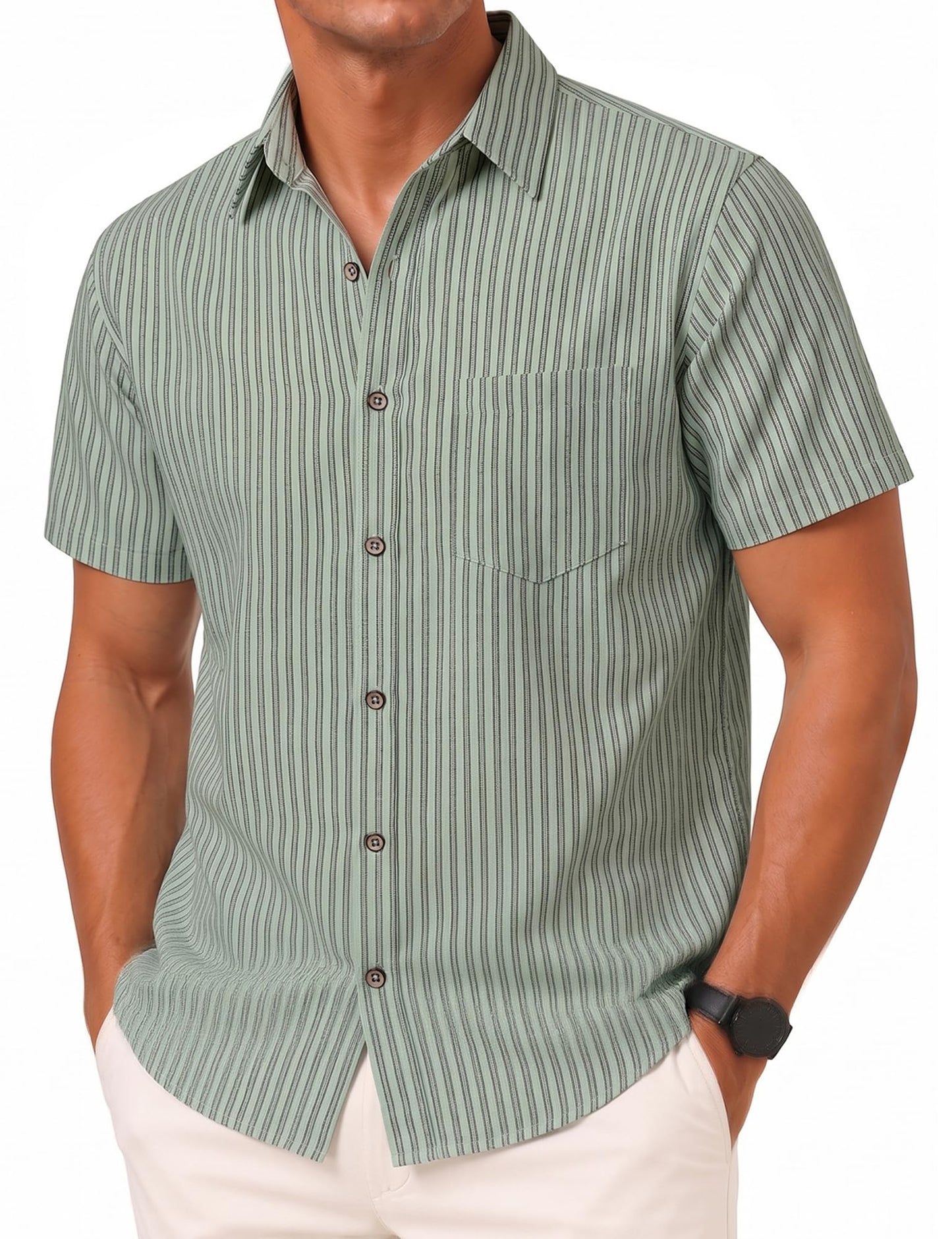 LucMatton Men's Stripe Short Sleeve Button Down Shirt Summer Smart Casual Regular Fit Tops