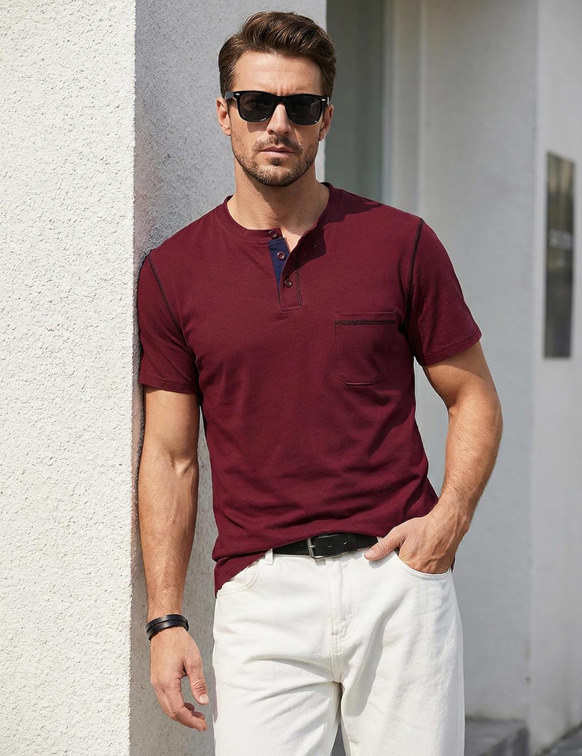 LucMatton Men's Sporty Casual Henley Shirt Short Sleeve Slim Fit Contrast Stitching T-Shirt with Pocket
