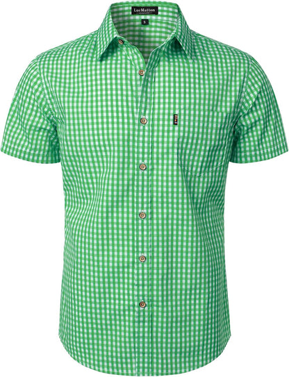 LucMatton Men's Gingham Short Sleeve Button Down Shirt Cotton Regular Fit Plaid Dress Shirts with Pocket
