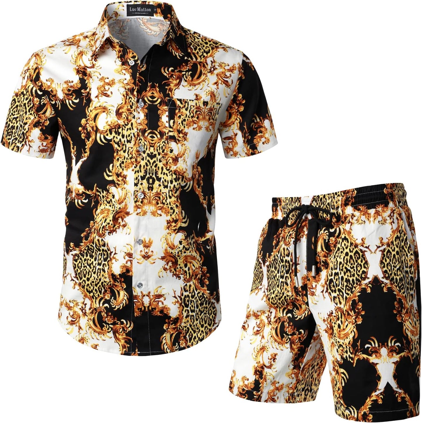 LucMatton Men's 2 Piece Floral Outfits Hipster Short Sleeve Button Down Shirt and Shorts Set Black Rose