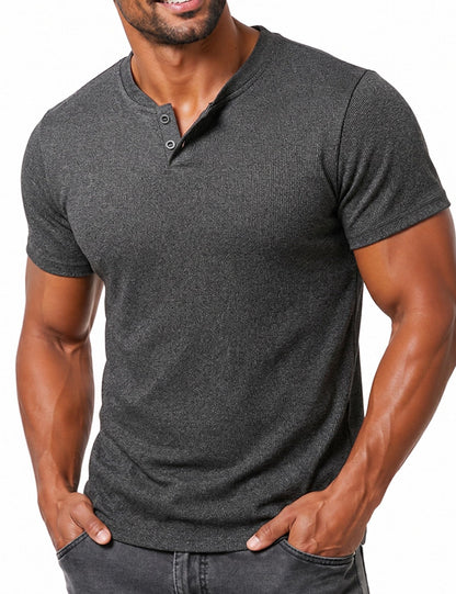 LucMatton Men's Fitted Stretch Short Sleeve Henley Shirt Gym Athletic V Neck Casual T-Shirt