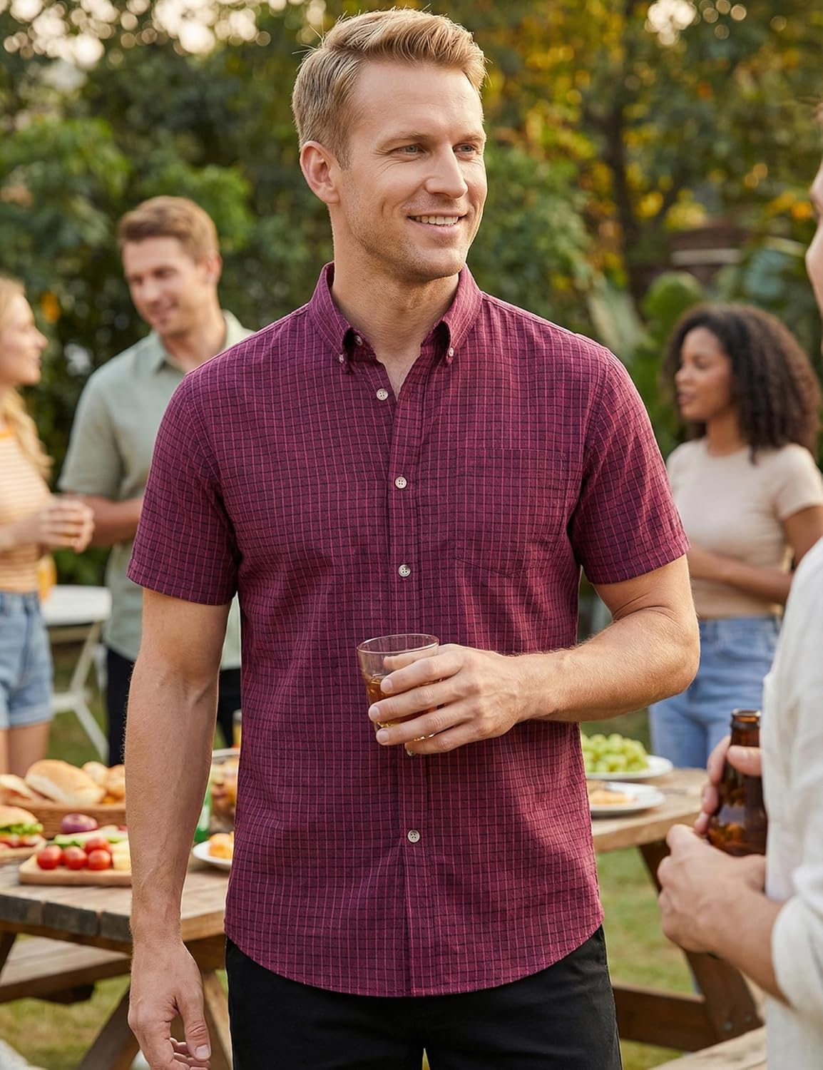 LucMatton Men's Plaid Short Sleeve Button Down Shirt Smart Casual Linen-Like Regular Fit Summer Tops