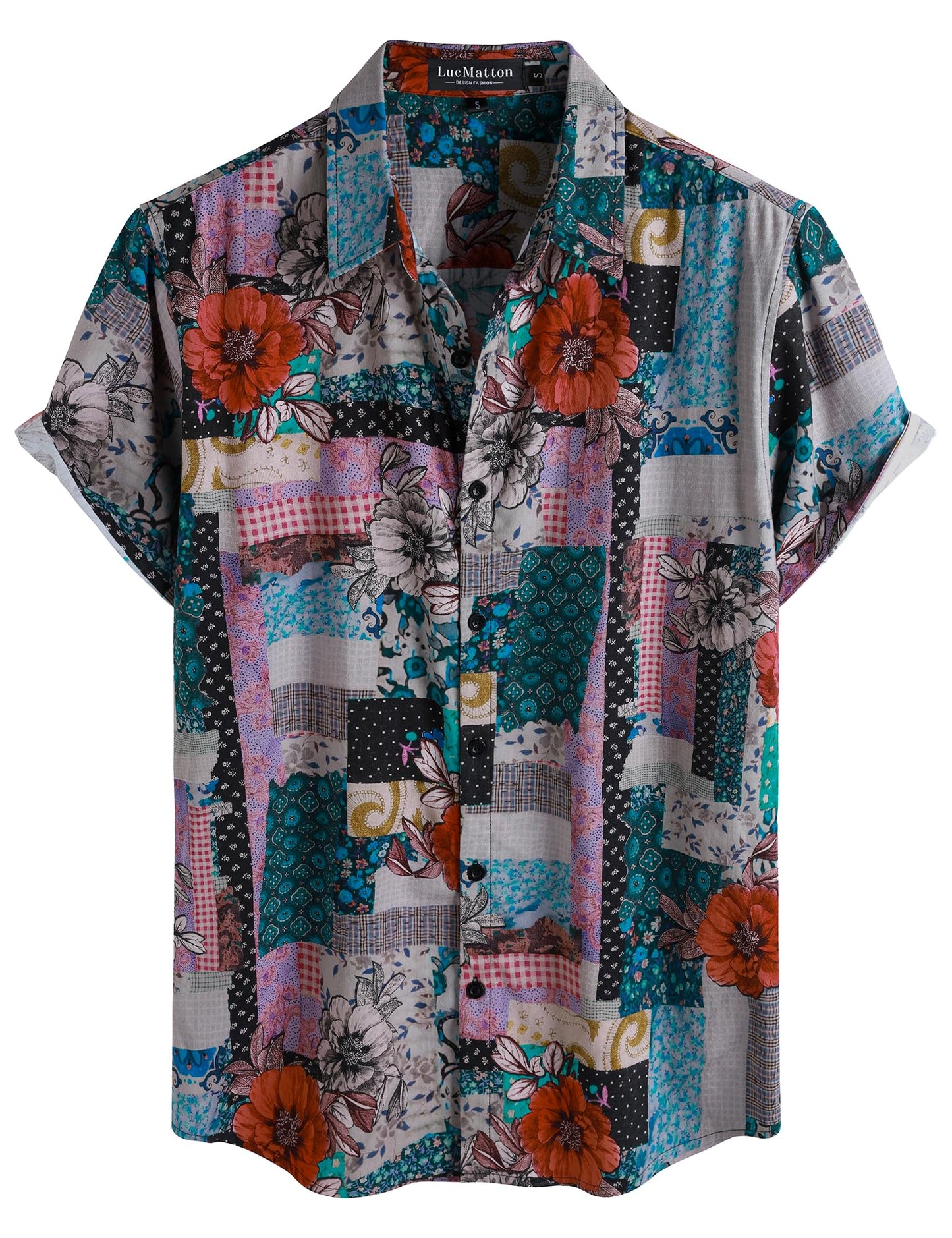 LucMatton Men's 70s Hawaiian Shirt Vintage Print Short Sleeve Button Down Shirts for Summer Vacation & Beach
