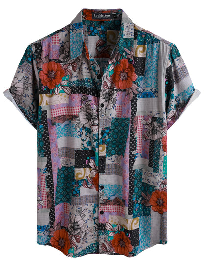LucMatton Men's 70s Hawaiian Shirt Vintage Print Short Sleeve Button Down Shirts for Summer Vacation & Beach