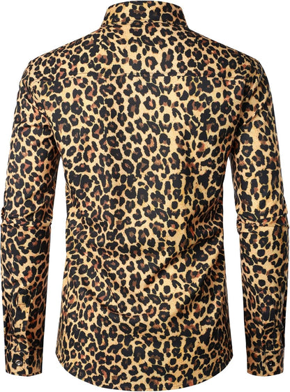 LucMatton Men's Hipster Long Sleeve Button Down Leopard Print Shirts for Club Rock Party Gold Leopard