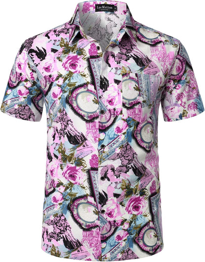 LucMatton Men's Cotton Linen Traditional Pattern Print Short Sleeve Button Down Hawaiian Shirts Pink