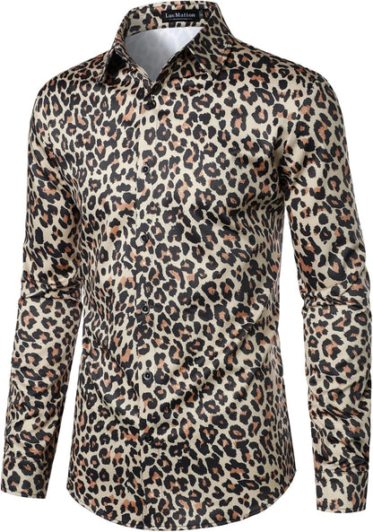 LucMatton Men's Hipster Long Sleeve Button Down Leopard Print Shirts for Club Rock Party Khaki Leopard