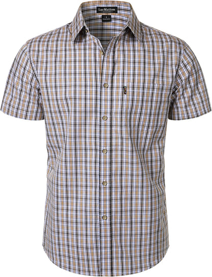 LucMatton Men's Gingham Short Sleeve Button Down Shirt Cotton Regular Fit Plaid Dress Shirts with Pocket