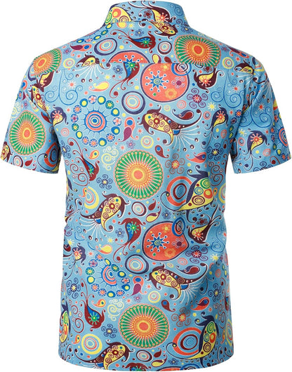 LucMatton Men's Cotton Linen Traditional Pattern Print Short Sleeve Button Down Hawaiian Shirts Blue