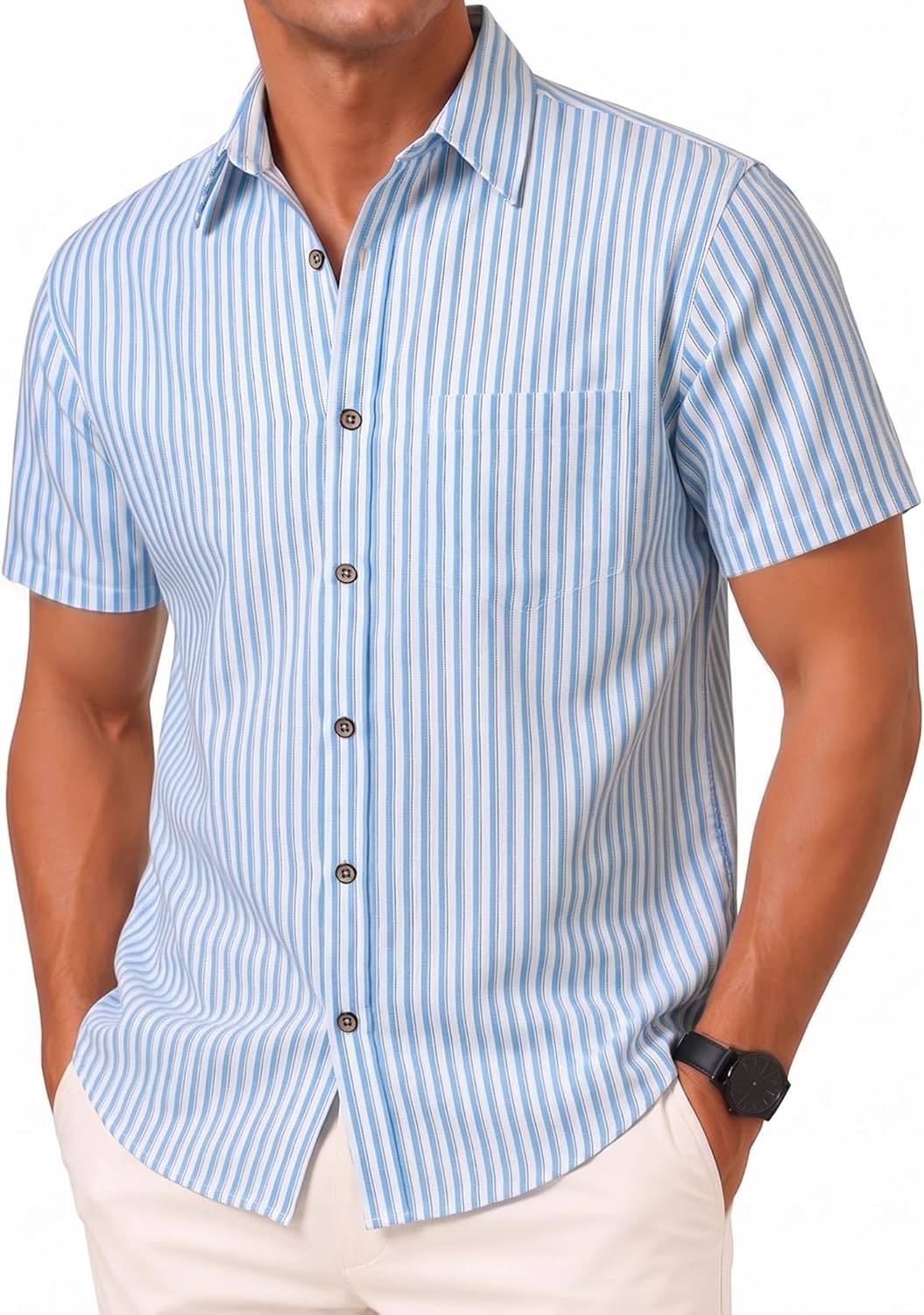 LucMatton Men's Stripe Short Sleeve Button Down Shirt Summer Smart Casual Regular Fit Tops