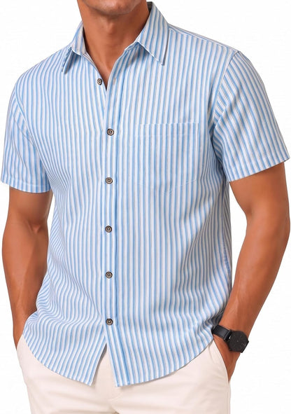 LucMatton Men's Stripe Short Sleeve Button Down Shirt Summer Smart Casual Regular Fit Tops