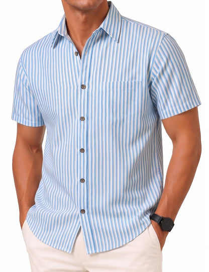 LucMatton Men's Stripe Short Sleeve Button Down Shirt Summer Smart Casual Regular Fit Tops