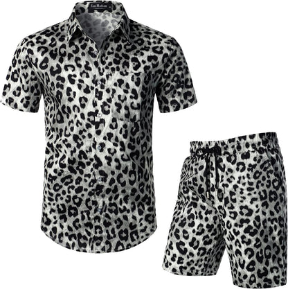 LucMatton Men's 2 Piece Floral Outfits Hipster Short Sleeve Button Down Shirt and Shorts Set Black Rose