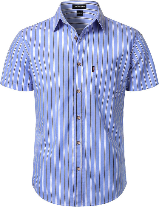 LucMatton Men's Casual Retro Striped Short Sleeve Button Down Shirts Cotton Summer Regular Fit with Pocket
