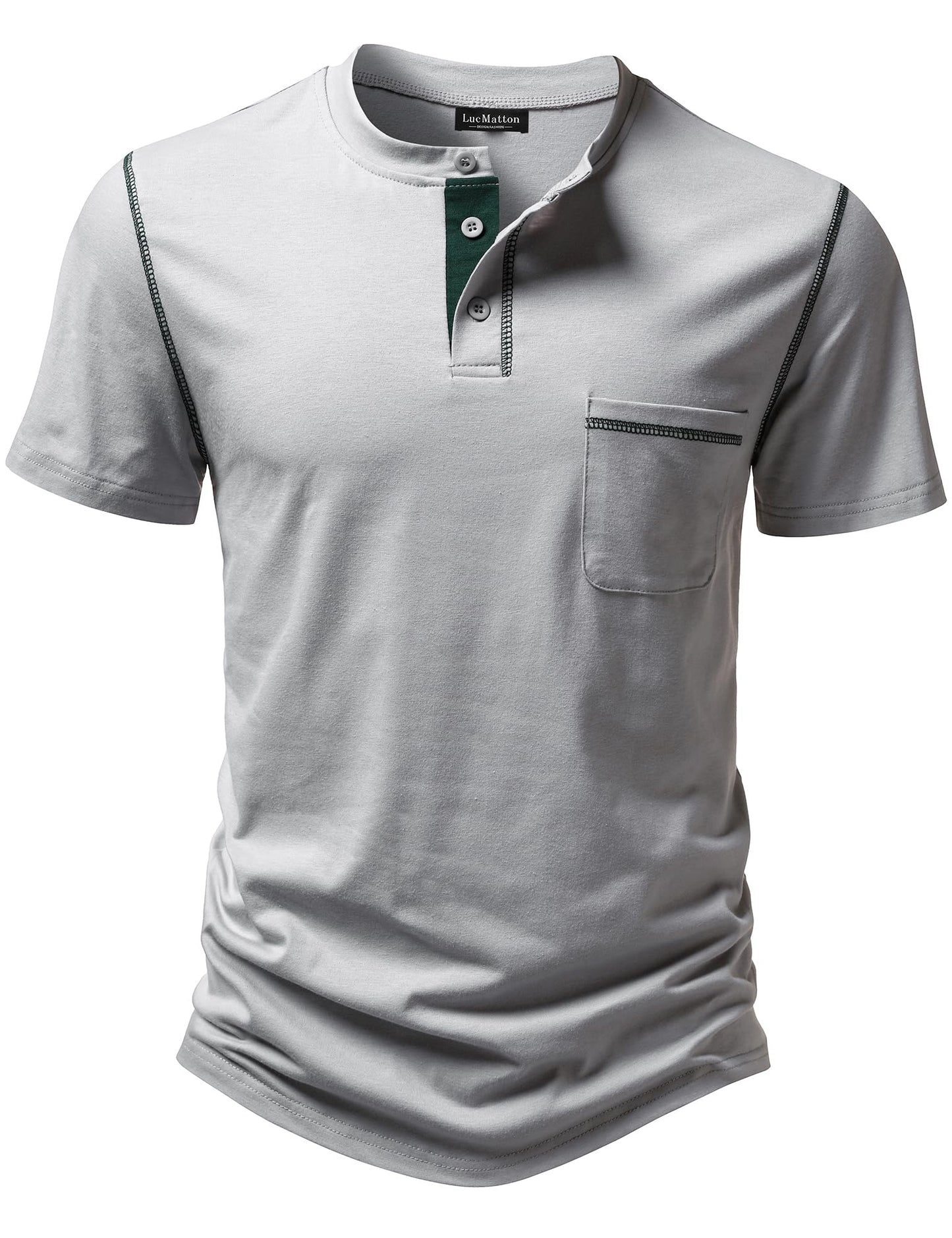 LucMatton Men's Sporty Casual Henley Shirt Short Sleeve Slim Fit Contrast Stitching T-Shirt with Pocket