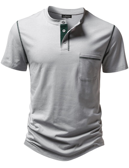LucMatton Men's Sporty Casual Henley Shirt Short Sleeve Slim Fit Contrast Stitching T-Shirt with Pocket