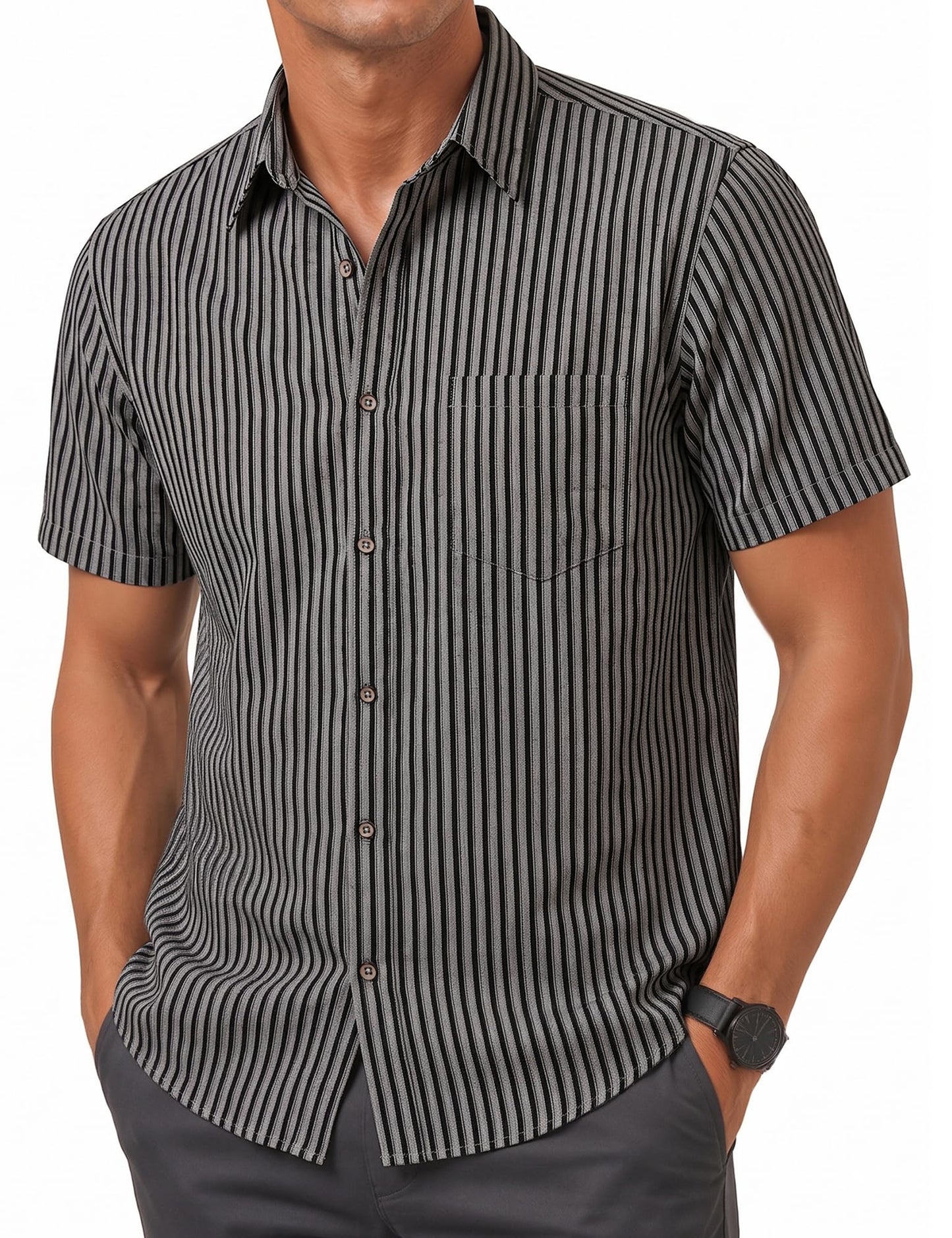 LucMatton Men's Stripe Short Sleeve Button Down Shirt Summer Smart Casual Regular Fit Tops