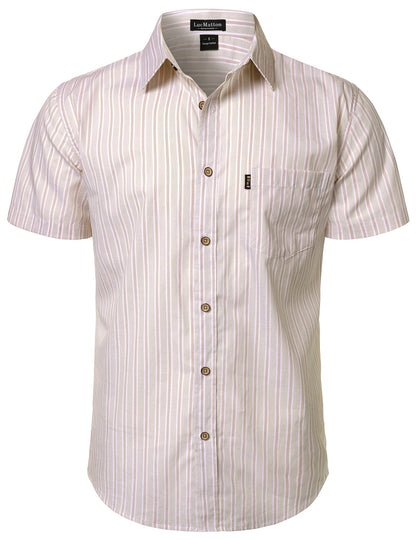 LucMatton Men's Casual Retro Striped Short Sleeve Button Down Shirts Cotton Summer Regular Fit with Pocket