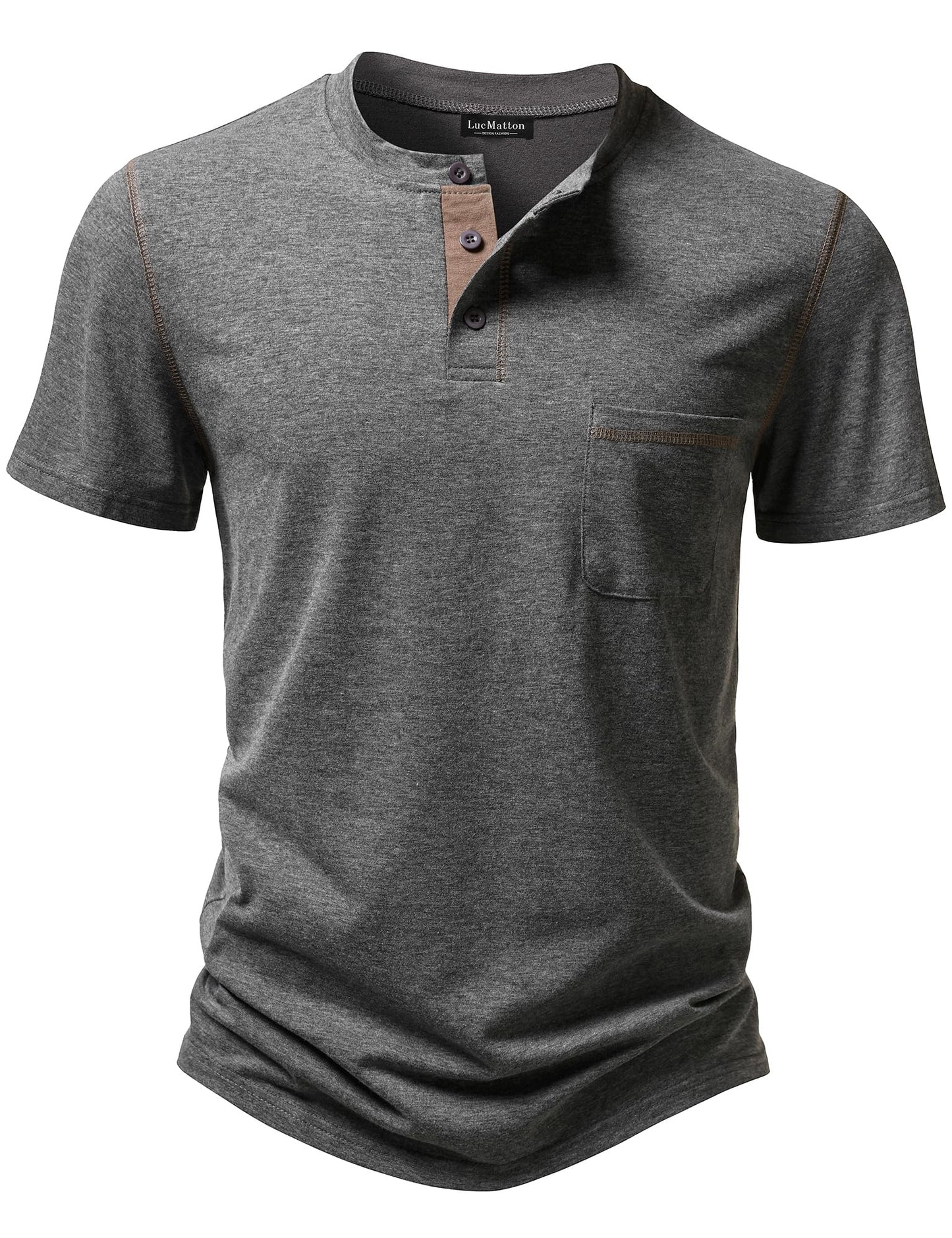 LucMatton Men's Sporty Casual Henley Shirt Short Sleeve Slim Fit Contrast Stitching T-Shirt with Pocket