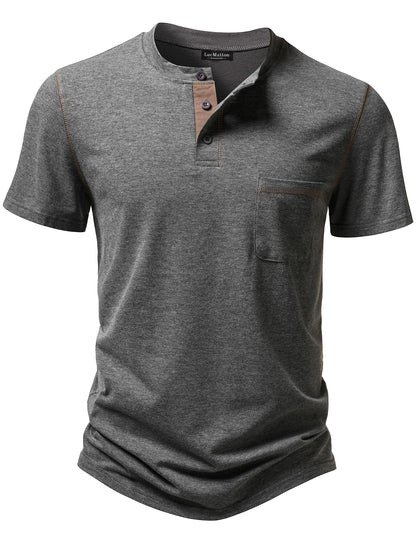 LucMatton Men's Sporty Casual Henley Shirt Short Sleeve Slim Fit Contrast Stitching T-Shirt with Pocket