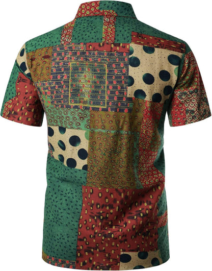 LucMatton Men's Cotton Linen Traditional Pattern Print Short Sleeve Button Down Hawaiian Shirts Green