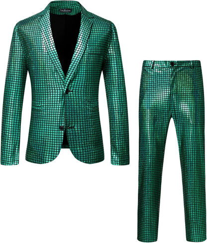 LucMatton Men's Metallic Sequin Suits 2 Piece Disco Sets, Shiny Jacket and Pants for Formal Events, Regular Fit, Long Sleeve, Dry Clean Only
