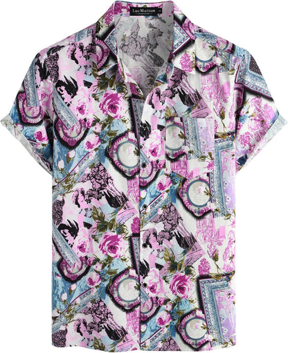 LucMatton Men's Cotton Linen Traditional Pattern Print Short Sleeve Button Down Hawaiian Shirts Pink