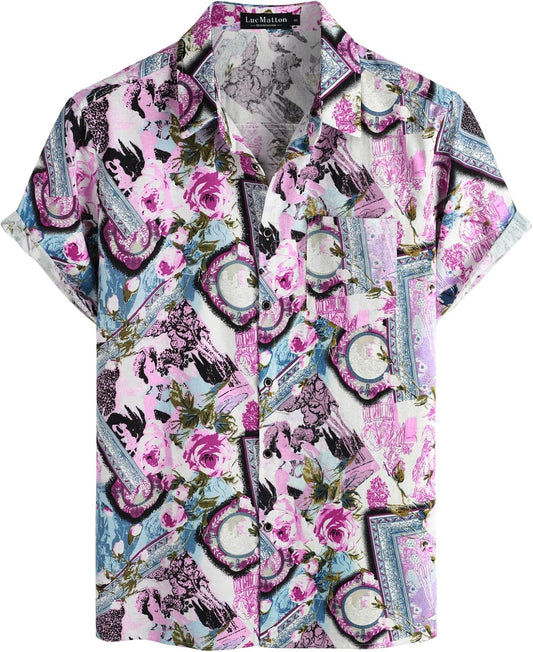 LucMatton Men's Cotton Linen Traditional Pattern Print Short Sleeve Button Down Hawaiian Shirts Pink