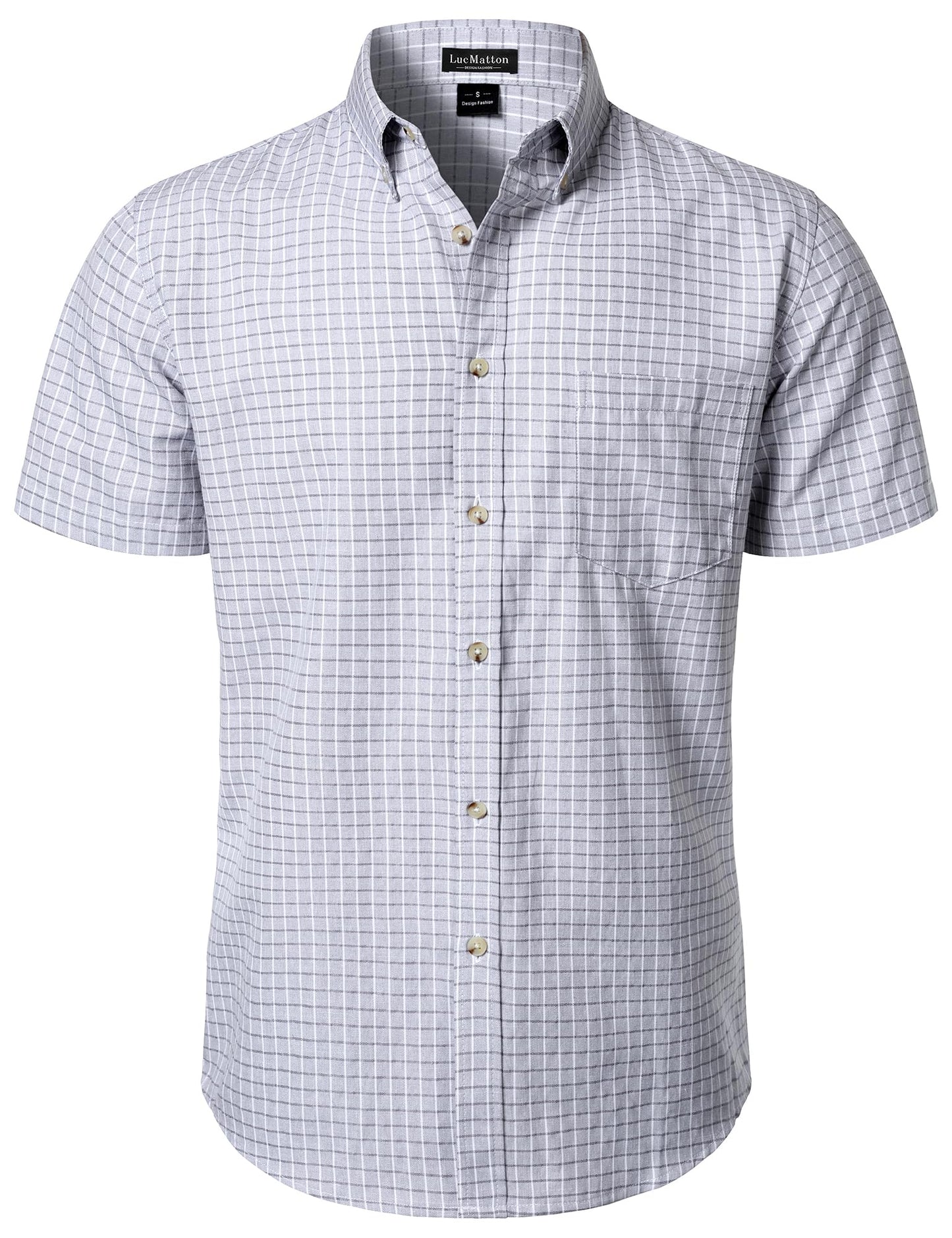 LucMatton Men's Plaid Short Sleeve Button Down Shirt Smart Casual Linen-Like Regular Fit Summer Tops