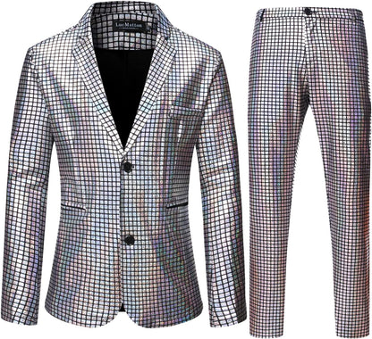 LucMatton Men's Metallic Sequin Suits 2 Piece Disco Sets, Shiny Jacket and Pants for Formal Events, Regular Fit, Long Sleeve, Dry Clean Only