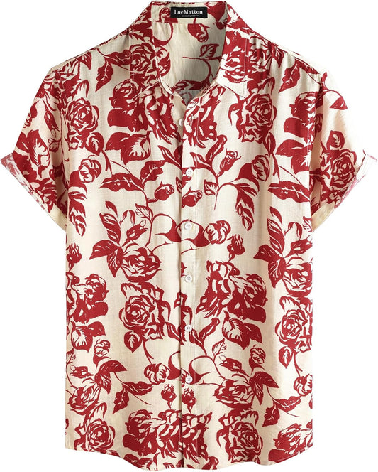 LucMatton Men's Vintage Hawaiian Shirt Tropical Print Short Sleeve Button Down Shirts Aloha Styles for Summer Vacation