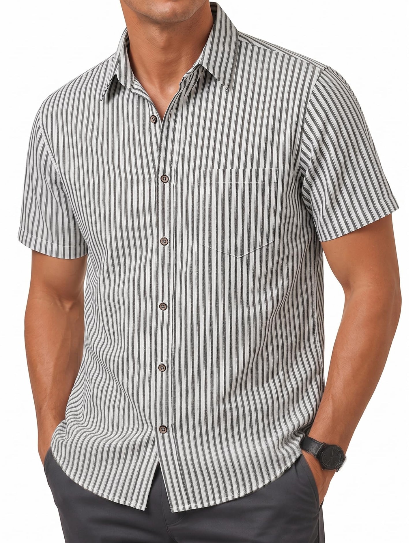 LucMatton Men's Stripe Short Sleeve Button Down Shirt Summer Smart Casual Regular Fit Tops