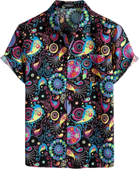 LucMatton Men's Cotton Linen Traditional Pattern Print Short Sleeve Button Down Hawaiian Shirts Multicolor Stripe Black Yellow